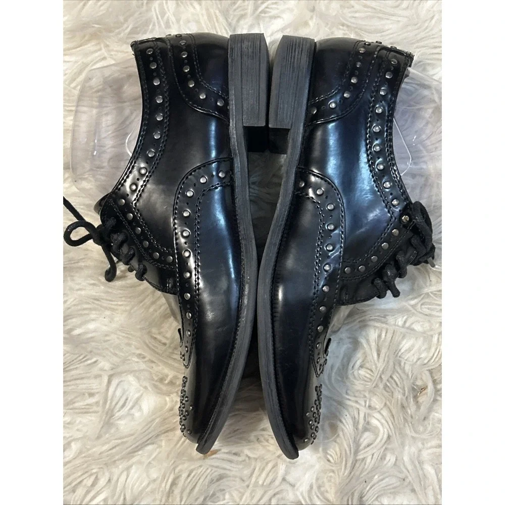 Sophie17 Black Patent Leather Silver Studded‎ Brogues Women's 6 Dress Oxfords